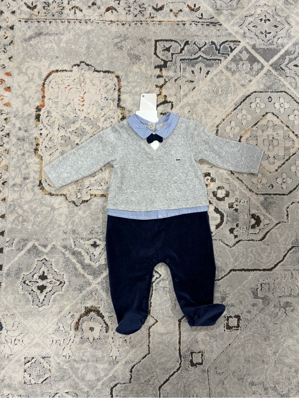 NWT Mayoral Velour Grey and Blue One-Piece with Gingham Collar, 6-9 months